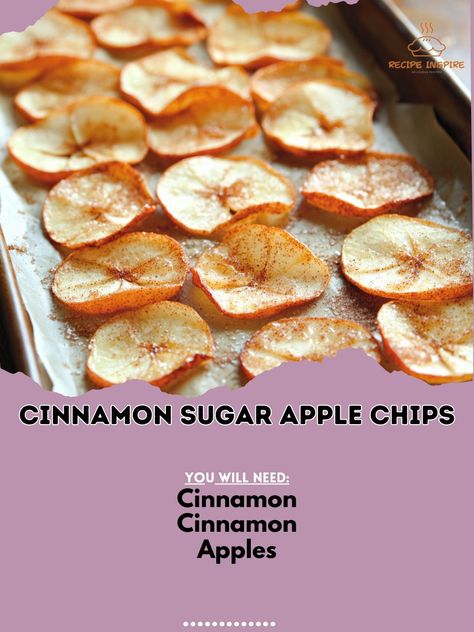 🍏🍎 Cinnamon Sugar Apple Chips—Crispy, sweet, and spiced apple chips make for a perfect healthy snack this fall! 🍂🍏 #AppleChips #HealthySnacks Cinnamon Sugar Apple Chips Ingredients: Apples (4, thinly sliced) Granulated sugar (1/4 cup) Cinnamon (1 tsp) Instructions: Preheat oven to 225°F (110°C). Line baking sheets with parchment paper. Mix sugar and cinnamon. Coat apple slices with mixture. Arrange slices on baking sheets in a single layer. Bake for 1-2 hours, flipping halfway, until cris... Cinnamon Sugar Apples, Apple Chips, Cinnamon Recipes, Indulgent Desserts, Apple Slices, Baking Sheets, Cinnamon Sugar, Satisfying Food, Daily Meals