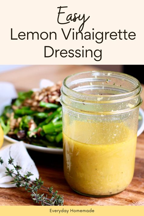 Elevate your salads with this Easy Lemon Vinaigrette Dressing recipe! Whisk together fresh lemon juice, lemon zest, garlic, thyme, olive oil, honey, and Dijon mustard for a creamy, homemade marinade or spring salad dressing. Healthy, sweet, and light, it's the perfect quick fix for a burst of flavor in every bite. Lemon Oil Dressing, Lemon Vinegarette Dressing Easy, Herb Salad Dressing Recipes, Lemon Salad Dressing Recipes, Lemon Vinegarette Dressing, Lemon Garlic Salad Dressing, Lemon Vinaigrette Dressing Recipe, Salad Dressing Healthy, Lemon Garlic Vinaigrette