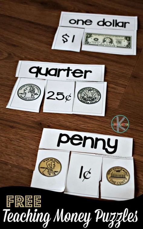 FREE Teaching Money Puzzles - super cute fun math activity to help prek, kindergarten, and first grade students to learn american coins and their value #kindergarten #money #math Kindergarten Money, Counting Money Activities, Money Math Games, Money Kindergarten, Money Centers, Prek Learning, Counting Money Worksheets, Money Puzzles, Math Addition Games