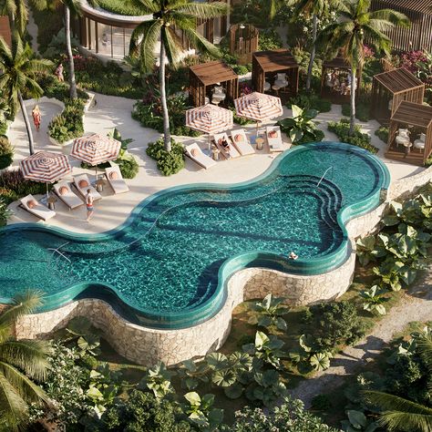 Resort Swimming Pool Design, Beach Resort Interior Design, Pool Hotel Design, Island Resort Design, Resort Landscaping, Resort Pool Design, Resort Landscape Design, Hotel Pool Design, Luxury Pool Designs