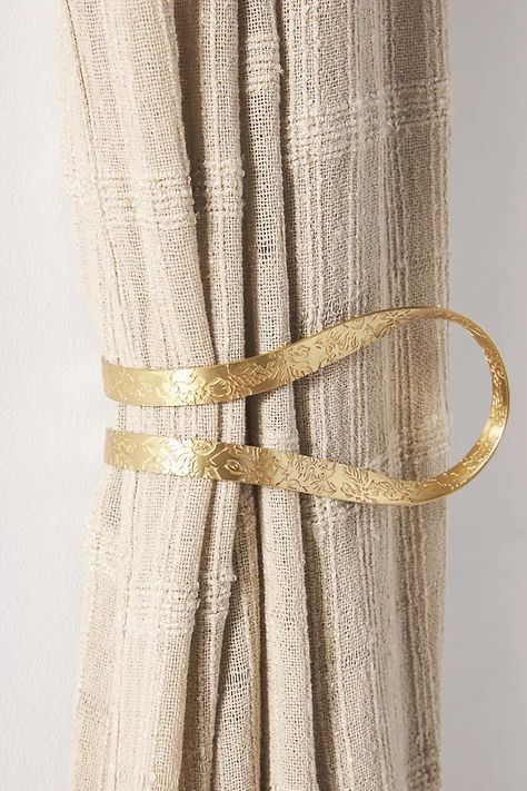 Drape Tie Backs, Brass Curtain Tie Backs, Brass Tieback, Tiebacks For Curtains Ideas, Farmette Ideas, Curtain Holders, Salvaged Decor, Unique Hardware, Unique Curtains