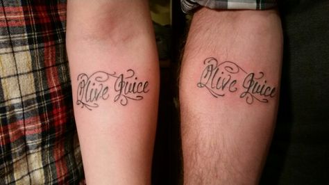 Me and Mikes Olive Juice tattoos :) Juice Tattoo, Soul Therapy, Lego Wallpaper, Olive Juice, Lego Pictures, Tattoos And Piercings, Tattoo Quotes, Piercings, Juice