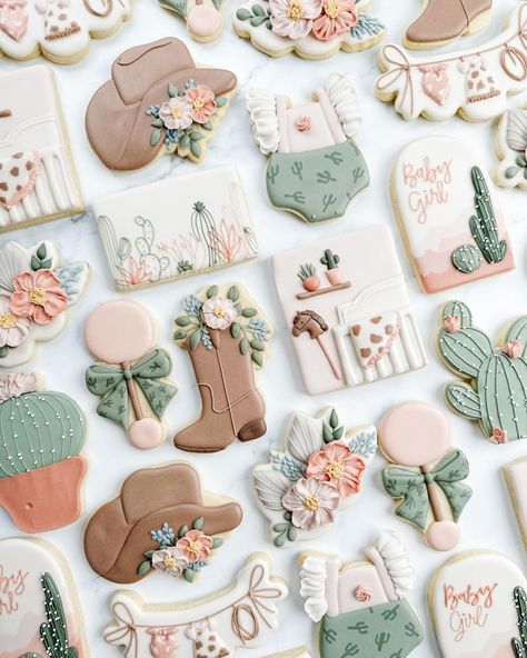 I absolutely loved creating this set! The info I was given was: A little cowgirl is on the way mixed with desert colors and prairie… | Instagram Gender Reveal Ideas Horses, Cowboy Or Cowgirl Gender Reveal Cookies, Western Gender Reveal Cookies, Little Cowgirl Baby Shower Ideas, A Little Cowgirl Is On Her Way, Cowgirl Baby Shower Cookies, Cowgirl Theme Baby Shower Ideas, Western Baby Shower Cookies, Cowgirl Baby Shower Ideas