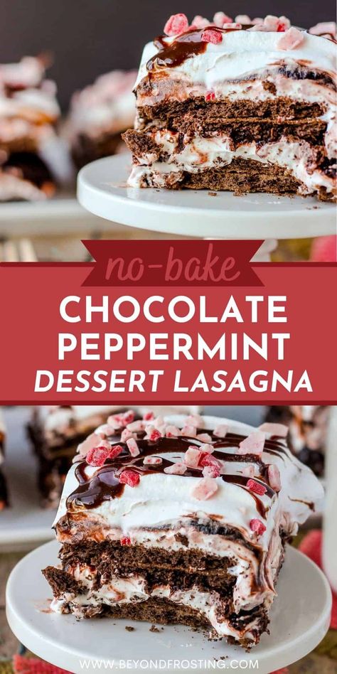 No-Bake Chocolate Peppermint Lasagna is a rich, chocolaty dessert with layers of peppermint cream cheese filling and topped with cool whip. Baileys Peppermint Chocolate Lasagna, Peppermint Delight Dessert, Chocolate Peppermint Lasagna, Peppermint Lasagna Dessert, Hot Chocolate Lasagna Dessert, Chocolate Peppermint Desserts, Peppermint Chocolate Desserts, Christmas Cookie Lasagna, Christmas Lasagna Dessert