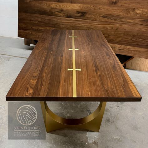 Black Walnut Brass Gold Tunnel Dining Table, Kitchen Table, Desk Tunnel Design, Black Walnut Table, Acacia Wood Table, Dining Table Kitchen, Reclaimed Wood Table, Brass Inlay, Edge Profile, Slab Table, Black Walnut Wood