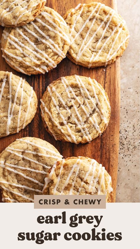 These earl grey sugar cookies are crisp on the outside and chewy in the middle. They're full of earl grey tea flavour and topped with a lemon glaze! #earlgrey #cookies #sugarcookies | teakandthyme.com Earl Grey Lemon Cookies, Earl Grey Biscuits, Earl Grey Sugar Cookies, Earl Grey Icing, Earl Grey Baking, Earl Grey Tea Cookies, Sweet And Savory Cookies, Earl Grey Dessert Recipes, Flavoured Sugar Cookies