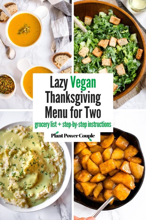 This Lazy Vegan Thanksgiving Dinner for Two is filled with our favorite easy plant-based holiday recipes and tips on finding the best store-bought seitan roasts   choosing the perfect wine pairing. All your favorites are there including mashed potatoes, gravy, and warm cinnamon apples for dessert. There’s even a grocery list and step-by-step directions on how to put the whole thing together in under 75 minutes! #veganthanksgiving #veganthanksgivingdinner #vegandinnermenu #veganholiday Vegan Thanksgiving Sides, Vegan Thanksgiving Menu, Nora Cooks, Vegan Thanksgiving Dinner, Chicory Recipe, Vegan Holiday Recipes, Eggless Desserts, Vegetarian Thanksgiving, Vegan Holiday