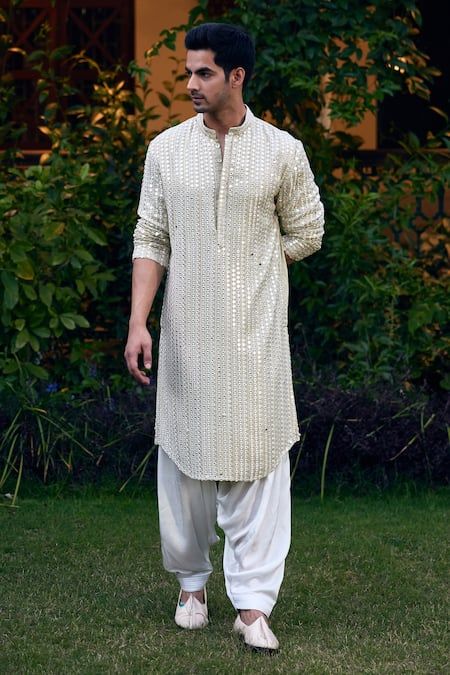 Buy Green Georgette Embroidery Mirror Yasir Kurta Set For Men by Ankit V Kapoor Online at Aza Fashions. Kurta Man Design For Men, Indian Groomsmen Outfits For Men, White Kurta Pajama Men Weddings, Ivory Kurta For Men, Mens Kurta Designs Style Indian Weddings, Off White Kurta For Men, Sky Blue Kurta Men, White Kurta Designs For Men, Kurta Pajama Men Design