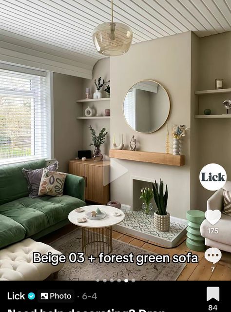 Green Living Room Cream Sofa, Green And Neutral Living Room Cozy, Small Living Room Ideas Sage Green, Beige Walls Green Couch, Soft Green Living Room Decor, Wood And Neutral Living Room, Green And Sand Living Room, Green Sofa Neutral Living Room, Green And Beige Living Room Modern