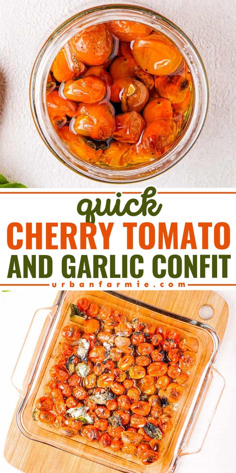 Looking for a quick and easy Spring recipe? This Cherry Tomato and Garlic Confit requires almost no active prep time. This confit recipe is tart, and delicious and makes a great summer side dish for BBQ. Save this pin for later! Garlic Confetti, Cherry Tomato Garlic Confit, Golden Tomato Recipes, Tomato And Garlic Confit, Garlic Confit Uses, Tomato Confit Recipes, Garlic Confit Recipes, Tomato Garlic Confit, Cherry Tomato Confit