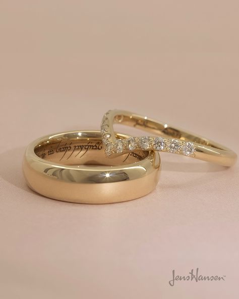 The perfect pair. Our Yellow Gold "Little One" Replica Ring with Elvish Engraving, and Yellow Gold Wishbone Shaped Band with pave set Diamonds. Wishbone Wedding Band, Wedding Band Gold, Wishbone Ring, Wedding And Engagement Rings, Custom Ring, Pretty Food, Custom Rings, Wedding Rings Engagement, Perfect Pair