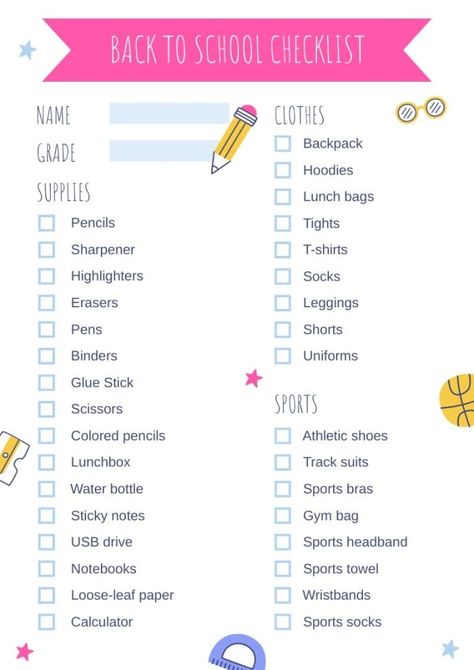 Hand-drawn Colorful Back To School Supplies Checklist Back To School Stationary List, School Stuff List, School Stationery List, Checklist For School Bag, Stationary Supplies List, Highschool Supplies Checklist, Before School Starts Checklist, School Supply Checklist, School Supplies Checklist