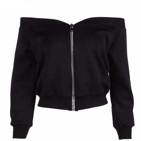 Off The Shoulder Zip Up Cropped Sweatshirt Shop Elettra (€50) ❤ liked on Polyvore featuring tops, hoodies, sweatshirts, black, cropped sweatshirt, cut-out crop tops, zip up top, off-shoulder tops and zip up sweatshirts Off Shoulder Jacket, Zip Up Crop Top, Zip Up Top, Sweaters Black, Off The Shoulder Tops, Denim Crop Top, Crop Top Hoodie, Crop Top Outfits, Cute Crop Tops