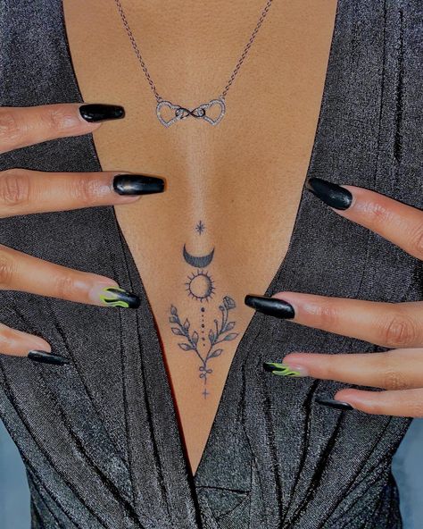 female chest tattoo, sun, moon , star Tattoo Names, 42 Tattoo, Tato Minimal, Small Chest Tattoos, Key Tattoo, Jesus Tattoo, Chest Tattoos For Women, Geniale Tattoos, Pretty Tattoos For Women