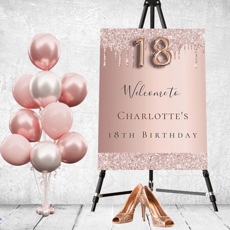 18th Birthday Party Rose Gold, 18th Birthday Banner, 18th Birthday Party Themes, 18th Birthday Decorations, Rose Gold Party, Golden Birthday, Rose Party, 18th Birthday Party, Birthday Board