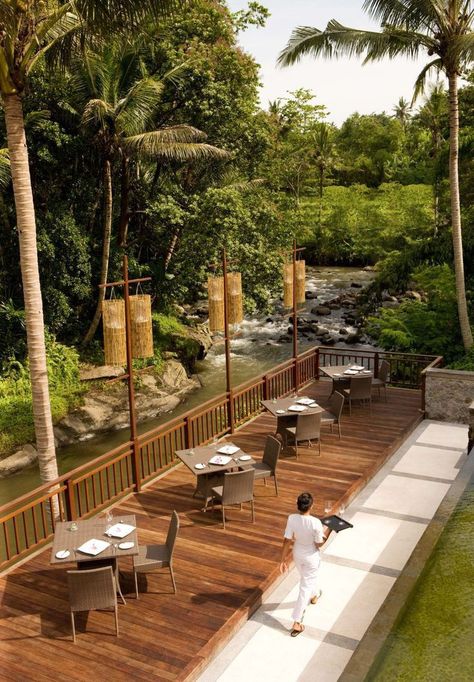 Mountain Resort Design, Riverside Cafe, Ubud Hotels, Hotel Bali, Resort Plan, Jungle Resort, Outdoor Restaurant Design, Bali Ubud, Resort Architecture