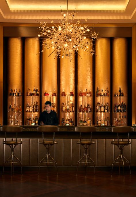 Bar Interior Design Modern, Urchin Chandelier, Gold Bar Design, Industrial Barstools, Gold Restaurant, Gold Interior Design, Starburst Chandelier, Bar Chandelier, Whisky Bar