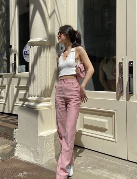 #aesthetic #pink #outfits Lace Cami Top Outfit, Aesthetic Pink Outfits, Pink Trousers Outfit, Pink Jeans Outfit, Pink Shoes Outfit, Pink Pants Outfit, 90s Inspired Outfits, Pink Trousers, Aesthetic Pink