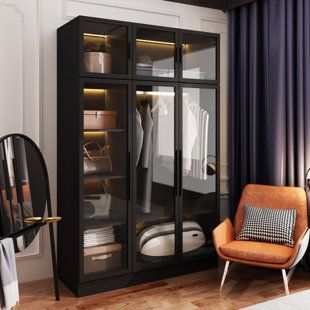 Clothes Storage Bedroom, Bedroom Minibar, Armoire In Bedroom, Clothing Armoire, Wood Glass Door, Dress Storage, Armoire Wardrobe Closet, Black Closet, Bedroom Theme