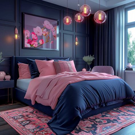 Bold Pink and Navy Bedroom Interior Color Combination for a Stylish Space • 333+ Art Images Mauve Pink And Navy Blue Bedroom, Hot Pink And Navy Bedroom Ideas, Hot Pink Navy And Gold Bedroom, Bedroom Decor Pink And Blue, Black Pink Turquoise Bedroom, Navy Blue Pink Gold Bedroom, Pink White And Blue Bedroom, Blush Navy Bedroom, Navy And Red Bedroom