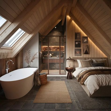 15 Loft Conversion with Ensuite Ideas Tiny Loft Bathroom Ideas, Attic Conversion Ideas Bedroom, Bathroom In Loft Space, Bedroom In Roof Space, Loft Primary Bedroom, Guest Bedroom Loft, Bathroom Ensuite Bedroom, Garage Loft Conversion, Open Plan Loft Conversion