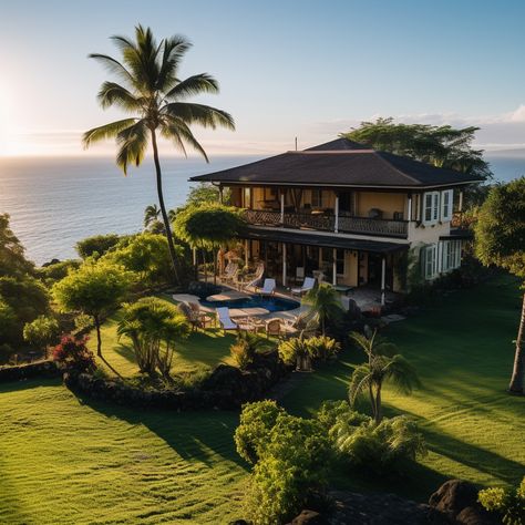 Tropical home in Kona, Hawaii, overlooking the Pacific Ocean during sunset. AI generated. Hawaii Homes Interior, Island Life House, Houses In Hawaii, Hawaii Houses, House In Hawaii, Hawaii Beach House, Home In Hawaii, Luxury Outdoor Spaces, Hawaiian House