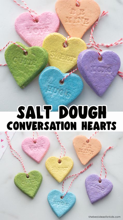 Kids Easy Valentines Day Crafts, Easy Valentine Day Crafts, Salt Dough Conversation Hearts, Hand Made Valentines For Kids, Valentines For Grandparents From Kids, Craft Ideas For Kids Valentines Day Fun, Valentine Crafts For Parents From Kids, Diy Valentines Gifts From Kids, Simple Kids Valentines Crafts