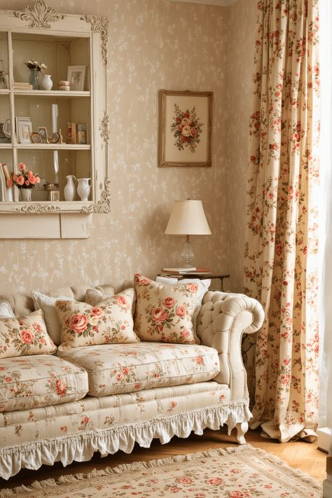 20 Shabby Chic Living Room Ideas – The Crafty Hacks French Shabby Chic Decor Living Room, Grandma Aesthetic Living Room, Floral Couch Living Room Vintage, Shabby Chic Living Room Vintage, Shabby Chic Loveseat, Princesscore Room, Cozy Vintage Living Room, Shabby Chic Living Room Ideas, Shabby Chic Bedrooms On A Budget