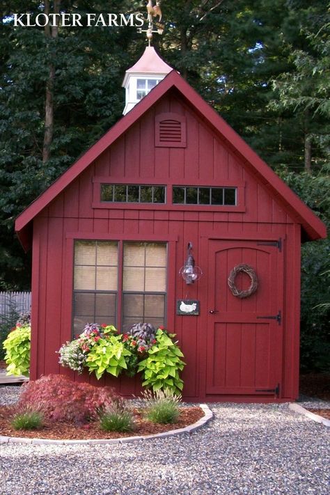 There are many different styles of sheds to choose from! At least one of every style is on display at Kloter Farms. Learn more about our storage buildings. #kloterfarms #shed #outdoorliving #backyardgoals #backyardideas #barn #outdoorideas #backyardideas #shedstorage #sheddecorating #shedspiration Cottage Storage Shed, Fun Shed Colors, Farm Store Exterior, Painted Sheds Ideas Colour, Red Sheds, Cool Shed Ideas, Storage Sheds Ideas Backyard, Shed Ideas Exterior, Cute Shed