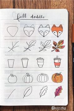 Journal Doodle Ideas, Fall Bullet Journal, Autumn Bullet Journal, Bullet Journal Halloween, Trin For Trin Tegning, Autumn Doodles, Halloween Journal, Bujo Spreads, Bujo Doodles