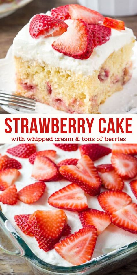 This homemade strawberry cake is a moist and tender vanilla cake filled with strawberry pieces and topped with whipped cream and more berries. It's simple, elegant and perfect for anyone who loves strawberries n' cream #strawberrycake #strawberriesandcream #berries #summer from Just So Tasty https://www.justsotasty.com/homemade-strawberry-cake/ Strawberry Flavored Cake Recipe, Strawberry Cake With Cake Mix And Jello, Strawberry Love Cake, Easy Homemade Strawberry Shortcake, Quick Strawberry Shortcake, Simple Strawberry Cake Recipe, Homemade Strawberry Desserts, Cake Ideas With Strawberries, Homemade Vanilla Cake From Scratch