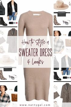 Knit Sweater Dress Outfit, Gray Sweater Dress Outfit, Beige Dress Outfit, Sweater Dress Outfit Fall, Style A Sweater Dress, Black Sweater Dress Outfit, Sweater Dress Outfit Winter, Sweater Over Dress, Knitted Dress Outfit