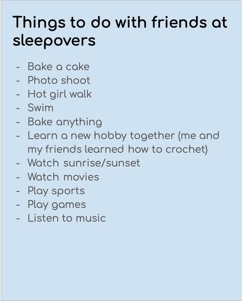 ideas when you can't find anything to do. All of these can be really fun activities and can make great memories with friends and even family. Baking,summer,photo shoot,swimming, spring, fall, hobby, crochet, movies, halmark movies, sports Fun Places To Go With Friends Things To Do, Best Friend Hang Out Ideas, Things To Do On A Saturday, Hang Out Ideas With Friends List, Hanging Out With Friends Ideas, Activities For Sleepovers, Where To Go With Friends, Hang Out Ideas With Friends, Things To Do With Your Best Friend