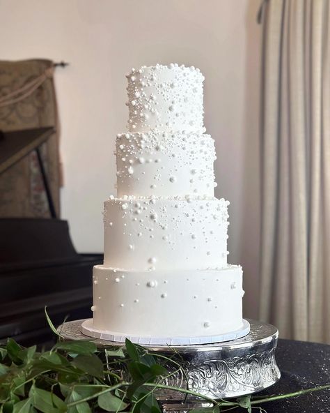 Repost: IG cakesbyanna21 #pearlweddingcake #weddingcake #weddingplanning #bridetobe #groomtobe #weddinginspiration #fourtiercake #fourtierweddingcake #traditionalweddingcake #uniqueweddingcake 4 Tier Pearl Wedding Cake, Wedding Cake For Black And White Wedding, Cake For Black And White Wedding, Pearl And Floral Wedding Cake, Wedding Cake With Baby Breath Flowers, White Wedding Cake Pearls, Pearls On Wedding Cake, Wedding Cake Inspiration Elegant, Elegant Pearl Wedding Cake