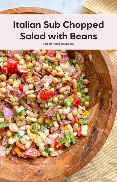 Need an easy summer lunch or meal prep idea? Try this white bean grinder salad with Italian dressing. This dense recipe is perfect for a crowd. Packed with veggies, it's high fiber and high protein. Italian Grinder Salad, Fiber Salad, Salad With Beans, Healthy Meal Prep Lunch, Italian Grinder, Grinder Salad, High Protein High Fiber, Meal Prep Lunch, Salad Meal Prep