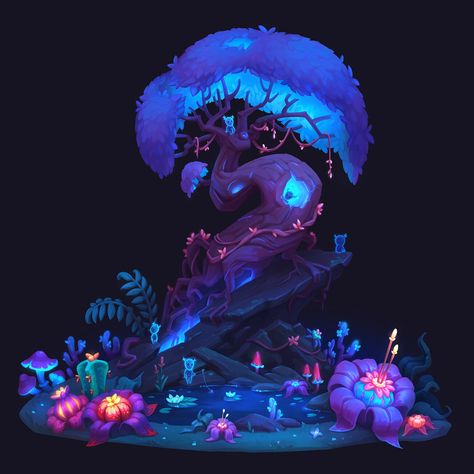 Take a closer look to see some cute creatures living in this magic tree ✨ Concept art for Loóna: Bedtime Calm & Relax by Olga Permiakova Mystical Plants Drawing, Plants Concept Art, Tree Concept Art, Glowing Tree, Magical Tree, Magic Forest, Spirit World, Game Concept Art, Environment Design