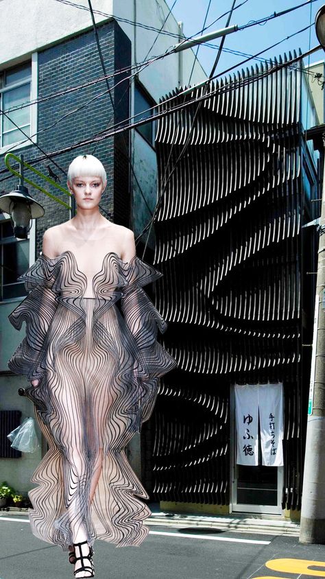 Does Form Follow #fashion ? Viktoria Lytra's Montages Keep Iconic Architecture In Vogue. Through digital based investigations, the study of generative and evolutionary design strategies in fashion and architecture is a reason for synergies arise in the two fields. Resembled topographic curves, the facade of the Yufutoku Restaurant in Tokyo by Issho Architects and the dress from the designer IrisVanHerpen AW17 collection. Image Courtesy of Viktoria Al. Lytra Architecture Fashion Inspiration, Fashion Inspired By Architecture, Architecture Inspired Fashion, Architecture And Fashion, Architect Fashion, Wearable Architecture, Structured Fashion, Architectural Fashion, Iconic Architecture