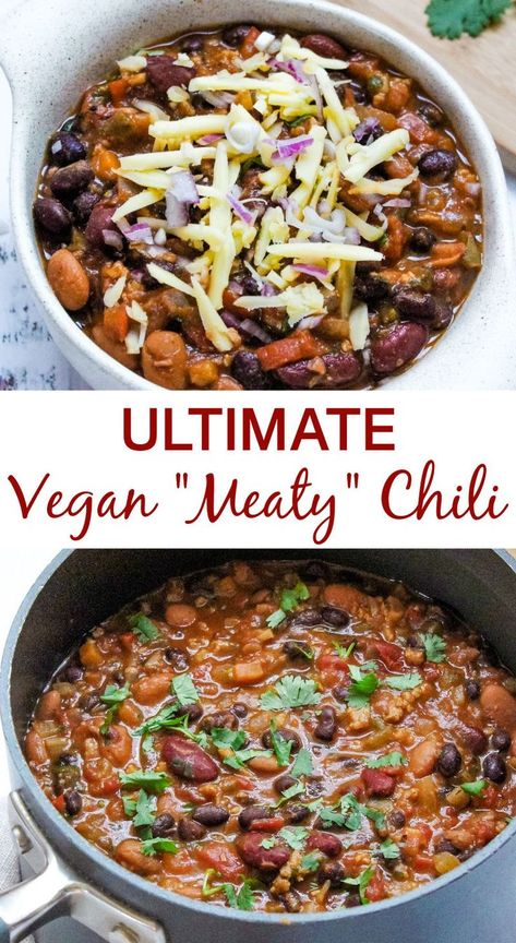 This is the best vegan chili I've ever made! It's an easy main course recipe, made with simple pantry ingredients, and tastes perfectly "meaty" without any meat—plus, it's gluten-free and soy-free. Ultimate Vegan Chili, Vegan Gluten Free Chili Recipe, Chili Vegan Recipe, Crockpot Vegan Chili, Best Vegan Chili Recipe, Beyond Meat Chili, Chilli Recipe Slow Cooker, Healthy Vegan Chili, Plant Based Chili Recipe