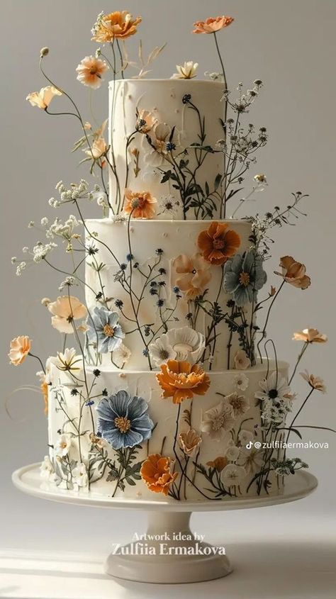 Perfect for a rustic wedding, this cake is adorned with wildflowers that give it a charming, countryside feel. #RusticWedding #WildflowerCake 🌼🏞️ Big Wedding Cakes With Flowers, Antique Cake Design, Vintage Wedding Cake With Flowers, 3 Tier Wedding Cake With Flowers, Wildflower Cakes, Wildflower Wedding Cake, Tort Special, Wildflower Cake, Whimsical Wedding Cakes