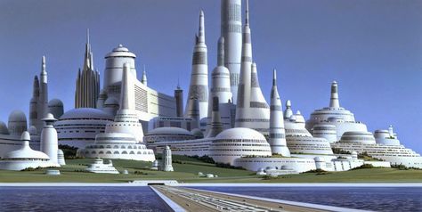 Concept art by Ralph McQuarrie for Leia’s home planet, Alderaan. Sci Fi Landscape, 70s Sci Fi Art, Ralph Mcquarrie, Sci Fi City, Star Wars Concept Art, Fantasy City, Futuristic City, Science Fiction Art, Future City