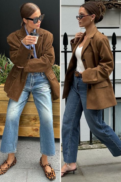 Suede Jacket Outfit Brown Jacket Street Style, Brown Double Breasted Blazer Outfit Women, Suede Jacket Fall Outfit, Beige Wool Jacket Outfit, Brown Swade Jacket Outfit, Suede Shirt Jacket Outfit, Coat And Blazer Outfit, New Fall Fashion Trends 2024, Brown Suede Shirt Outfit