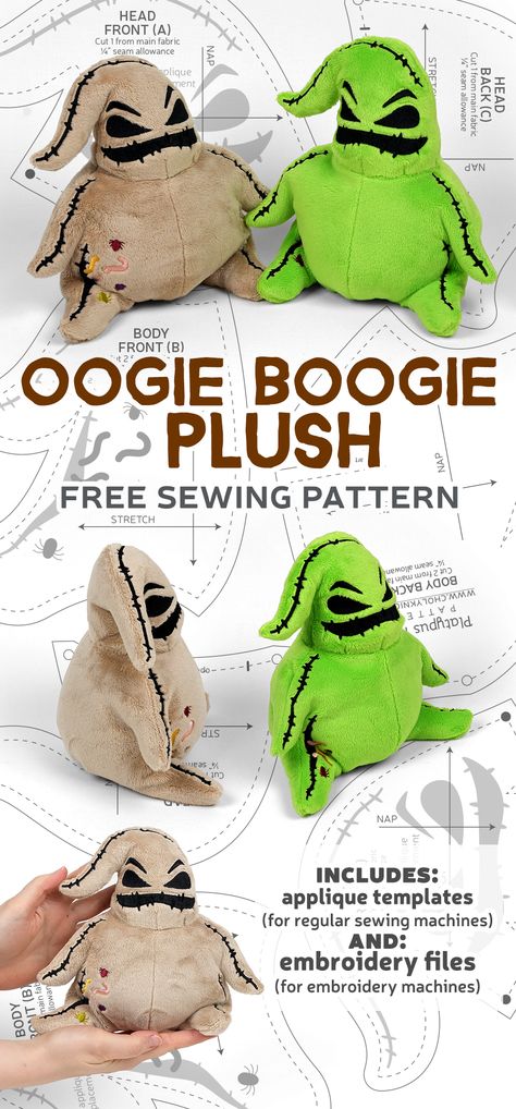 Sewing Patterns For Stuffed Animals Free, Oogie Boogie Plush Pattern, Sew Voodoo Doll, Animal Stuffy Pattern, Oogie Boogie Stuffed Animal, Sewing Pattern For Stuffed Animals, Oogie Boogie Knitting Pattern, Oogie Boogie Sewing Pattern, Crafts With Fleece Fabric