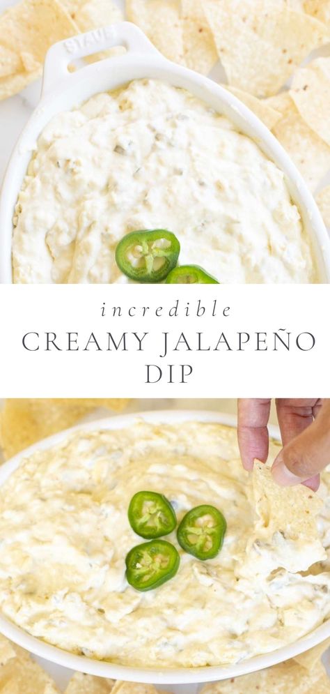 This Creamy Jalapeño Dip is a quick and easy dip recipe you can make in minutes! It’s a stand out crowd pleasing dip that’s perfect for parties, tailgates and more. It’s made with cream cheese, mayonnaise, jalapeños and monterey jack cheese for the creamiest, spiciest dip ever! Dip Recipes Jalapeno, Dips With Jalapenos, Baked Jalapeno Dip, Jalepeno Dip Crock Pot, Jalapeno Cheese Dip Cold, Small Jalapeno Recipes, Pickled Jalapeno Dip, Spicy Jalapeno Dip, Jalapeno Chicken Dip