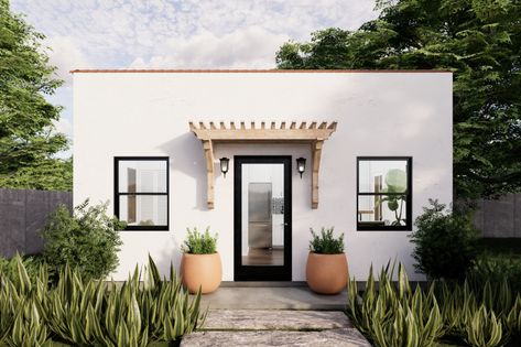 Studio ADU Plan Studio Adu Interior, Stucco Tiny House, House With Adu, Adu Building Plans, Studio Adu Floor Plans, Spanish Adu, Magnolia Backyard, Adu Studio, Adu Layout