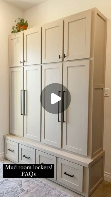 Teran Sands | Family Compound Living on Instagram: "Mud room questions answered!   We recently had these custom lockers made for our mud room, and I am obsessed with them!   They are SO beautiful and (even better) SO functional! The function of the space was my main focus. They’ve already been SO useful. The outlets for each person is probably my favorite feature. What’s yours?!?   #mudroom #lockers #whitefarmhouse #barndominium" Painted Mudroom Cabinets, Mudroom With Countertop, Compound Living, Mudroom Cabinets, Entry Area, Family Compound, Beech Mountain, Mudroom Lockers, Stock Cabinets