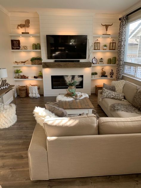 Shiplap Fireplace Wall, Built In Shelves Living Room, Living Room Built Ins, Shiplap Fireplace, Fireplace Built Ins, Living Room Decor Fireplace, Room Shelves, Hair Raising, Home Fireplace