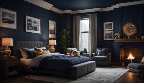 Transform Dark Rooms with These 9 Brilliant Paint Colors Bedroom With Dark Ceiling Paint Colors, Dark Navy Bedroom Wall, Very Navy Behr Paint Bedroom, Benjamin Moore Midnight Dream, Deep Navy Paint Colors, Dark Blue Bedroom Paint Colors, Dark Bedroom Colors Paint, Midnight Blue Behr, Dark Paint Bedroom Ideas