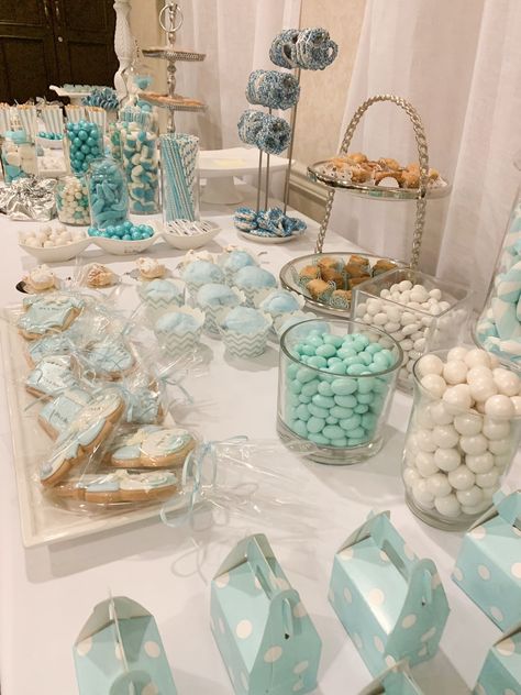 Light Blue And White Dessert Table, Blue And White Sweets Table, White And Blue Candy Bar, Blue White Dessert Table, Baby Boy Shower Candy Table, Bris Milah Decorations, White And Blue Dessert Table, Blue And White Candy Bar, Blue Candy Table Ideas