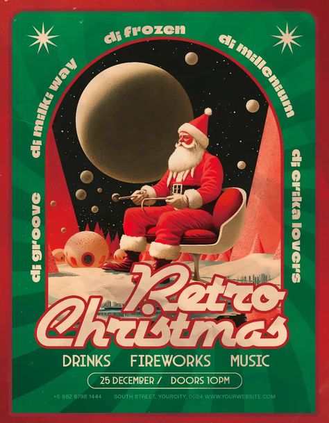 Christmas Party Template, Christmas Poster Graphic Design, Christmas Event Poster Design, Retro Christmas Poster, Christmas Photoshop Ideas, Christmas Flyers Ideas, Christmas Event Flyer, New Year Social Media Design, Christmas Graphic Design Inspiration