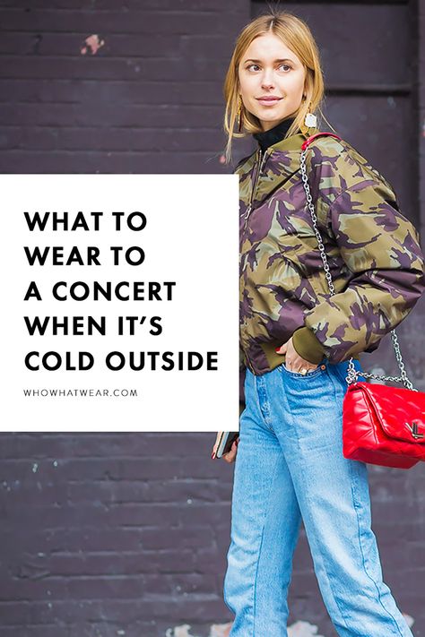 Freezing weather can make it difficult to dress cute—especially when you're going out to a concert. Try these trendy but cool concert outfit ideas. Outfit For Winter Concert, Music Festival Cold Weather Outfit, Outfits To Wear To A Concert Winter, Outdoor Festival Outfit Winter, Gig Outfit Ideas Winter, San Francisco Concert Outfit, Indoor Concert Outfit Fall, How To Dress Up For A Concert, Spring Outdoor Concert Outfit